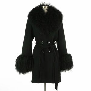 Sofia Cashmere Black Wool Blend Double Breasted Coat with Lamb Fur Trim